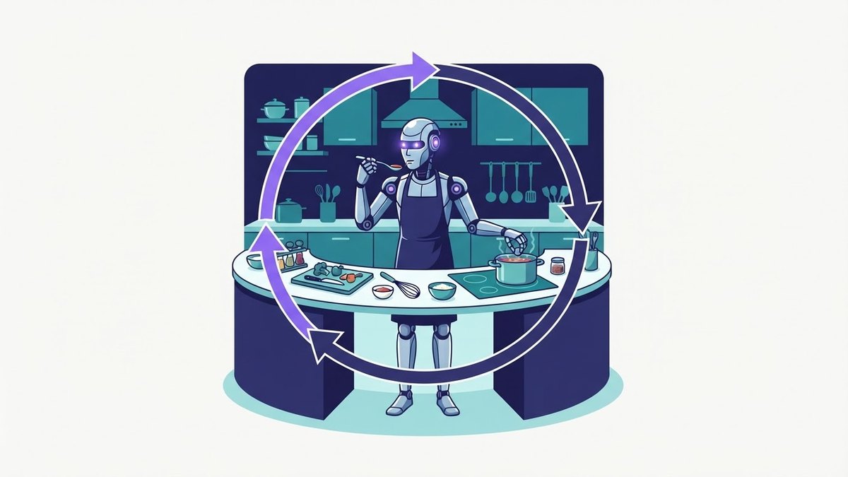 Bucle agéntico: un robot cocinero prueba la salsa y vuelve a ajustar la olla en un ciclo