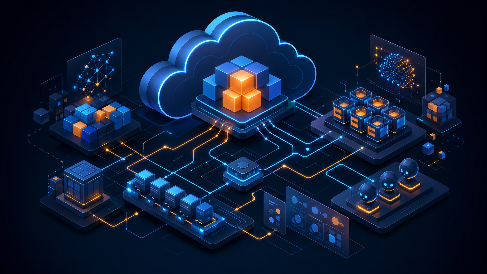 Ilustración conceptual de modelos OpenAI, Codex y agentes conectados a infraestructura cloud de AWS.